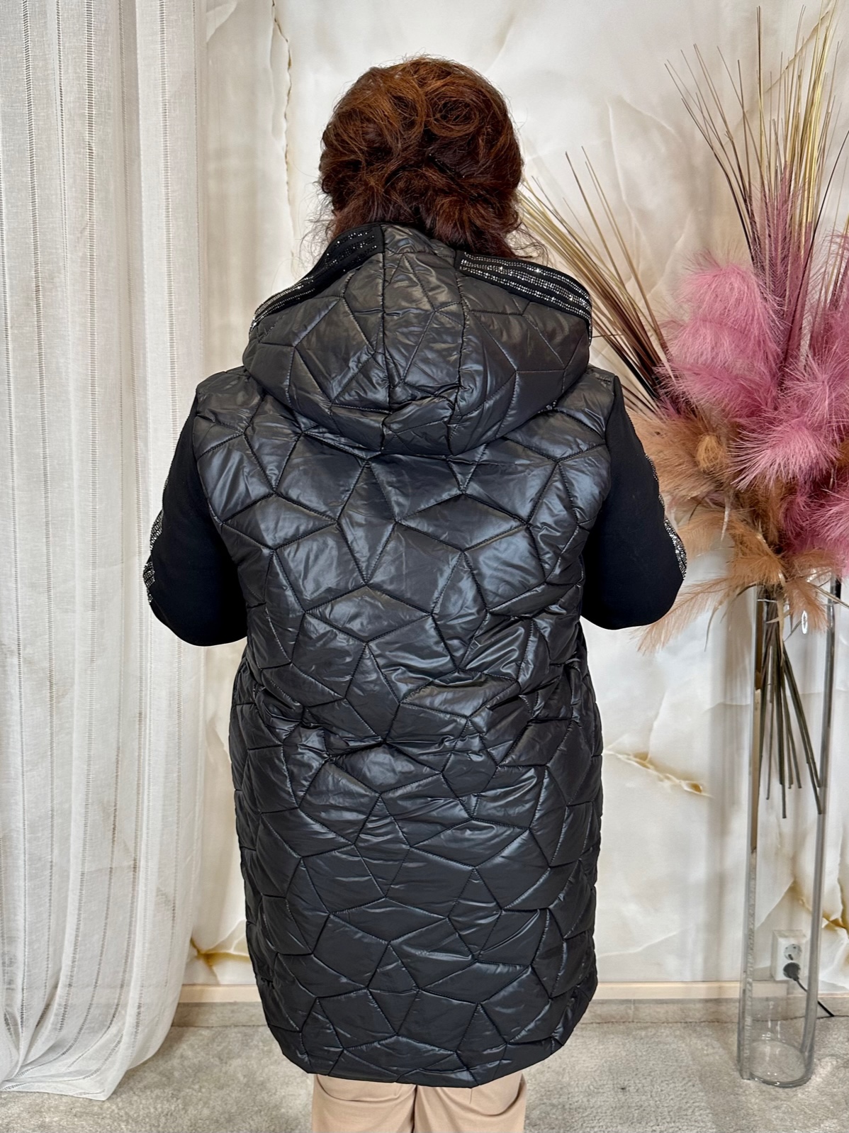 Fekete steppelt kabát ujja pamut, kristályokkal - Image 5