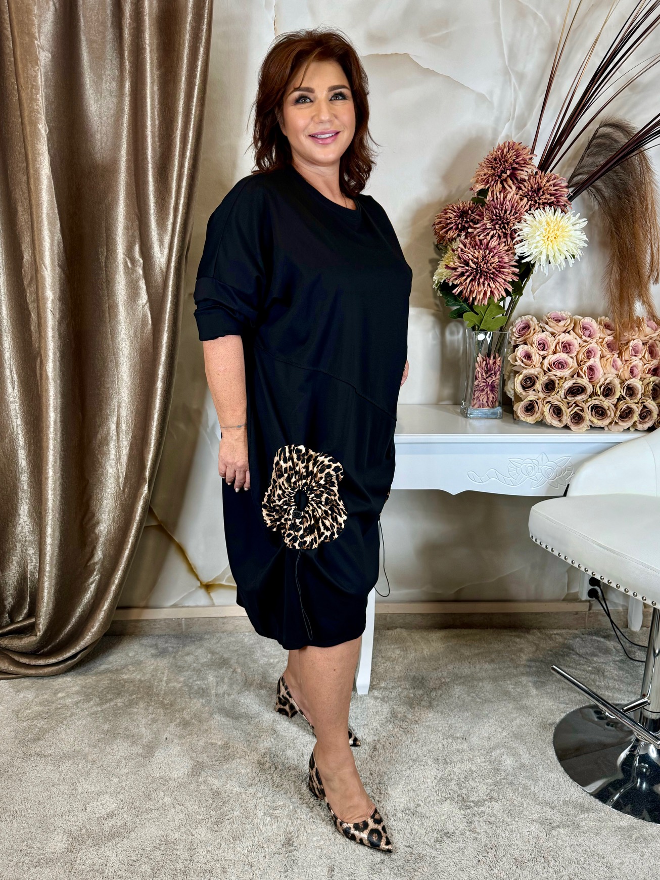 Fekete ocelotmintás pamut ruha - Image 4