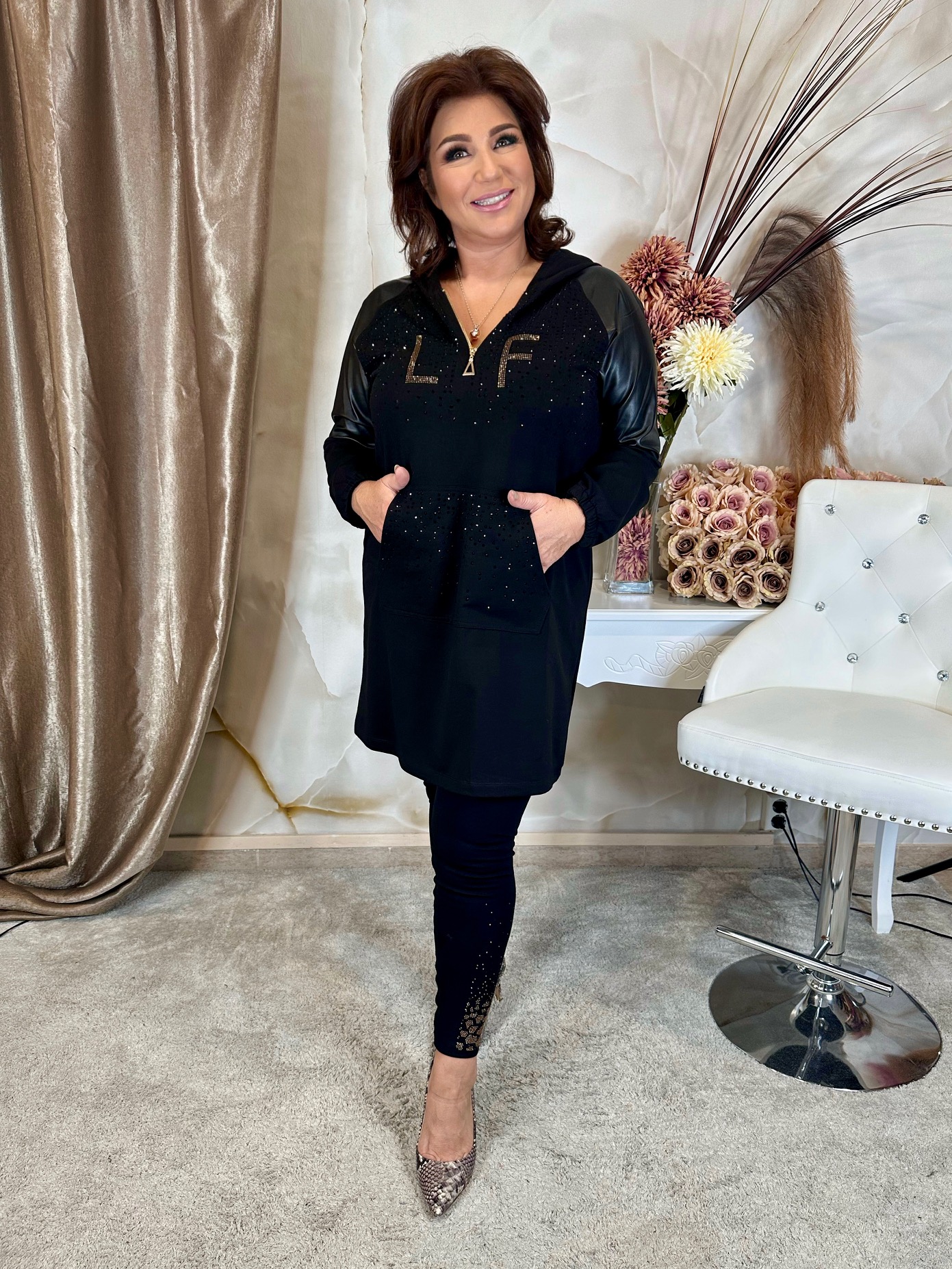 Elegáns bőr ujjú hosszított tunika