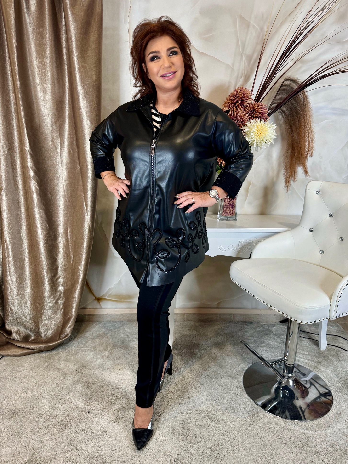 Elegáns A vonalú bőrkabát - Image 4