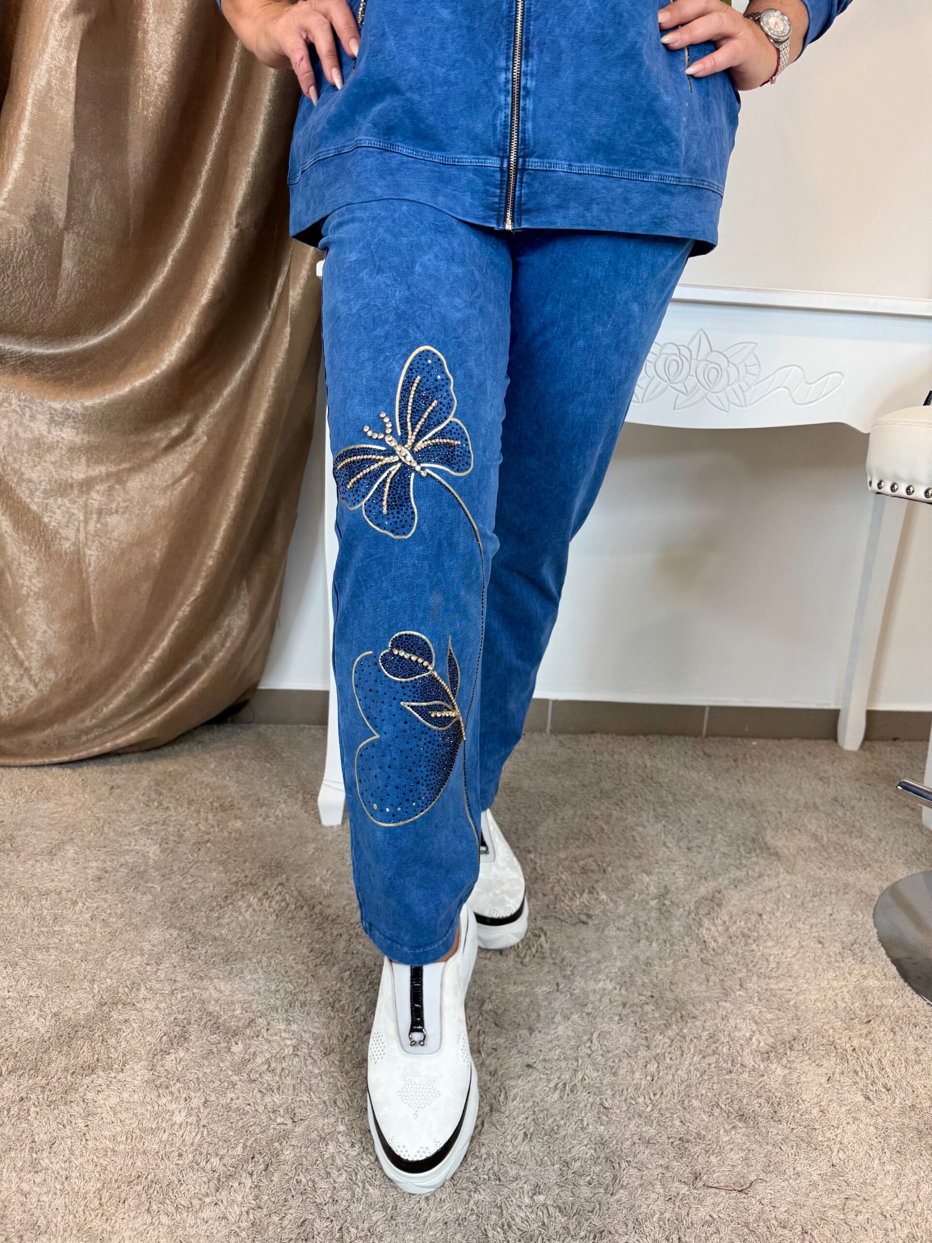 Farmerkék pillangós pamut szett arany kristályokkal - Image 5