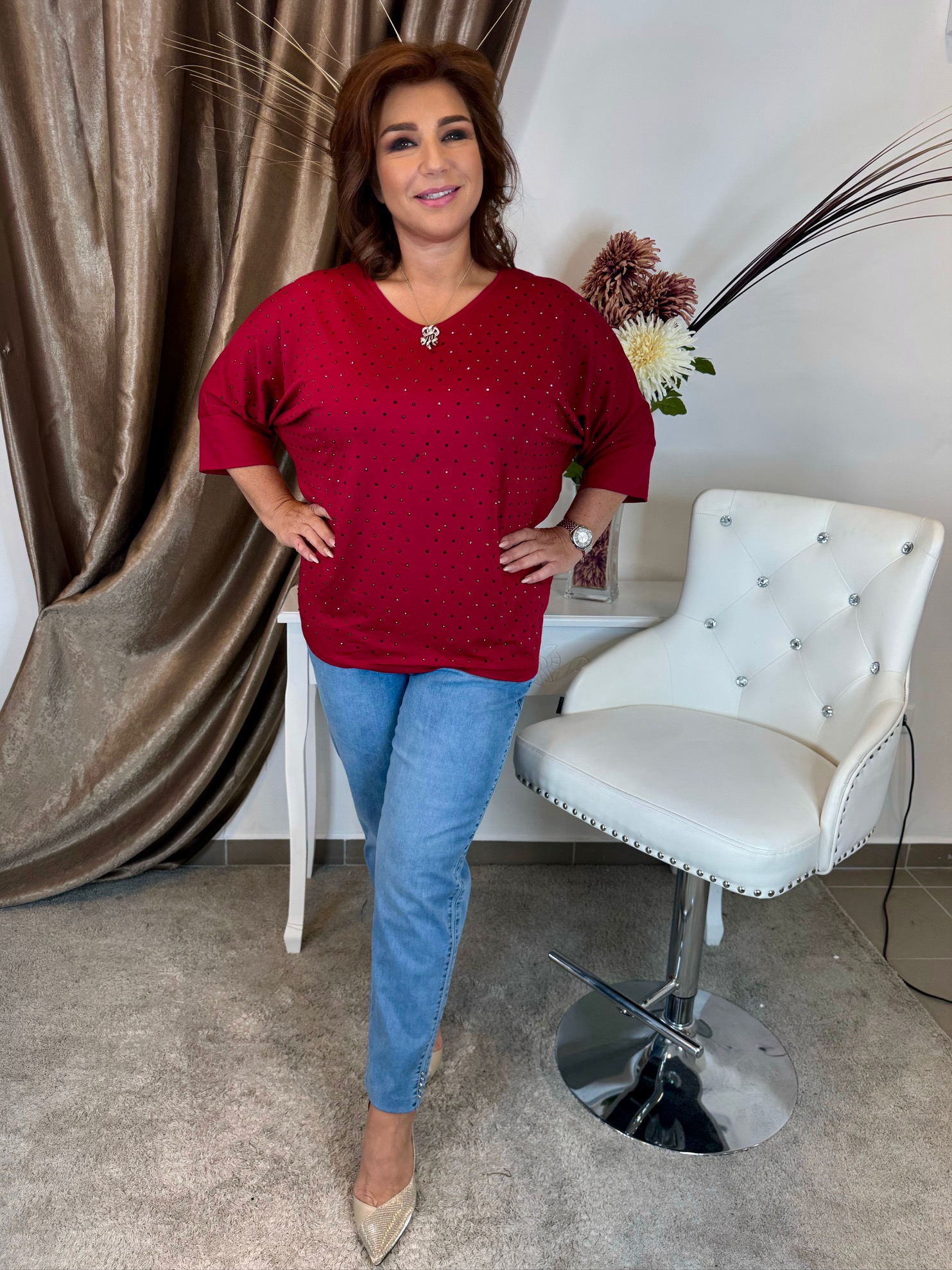 Bordó pamut felső elején kristálykövekkel - Image 3