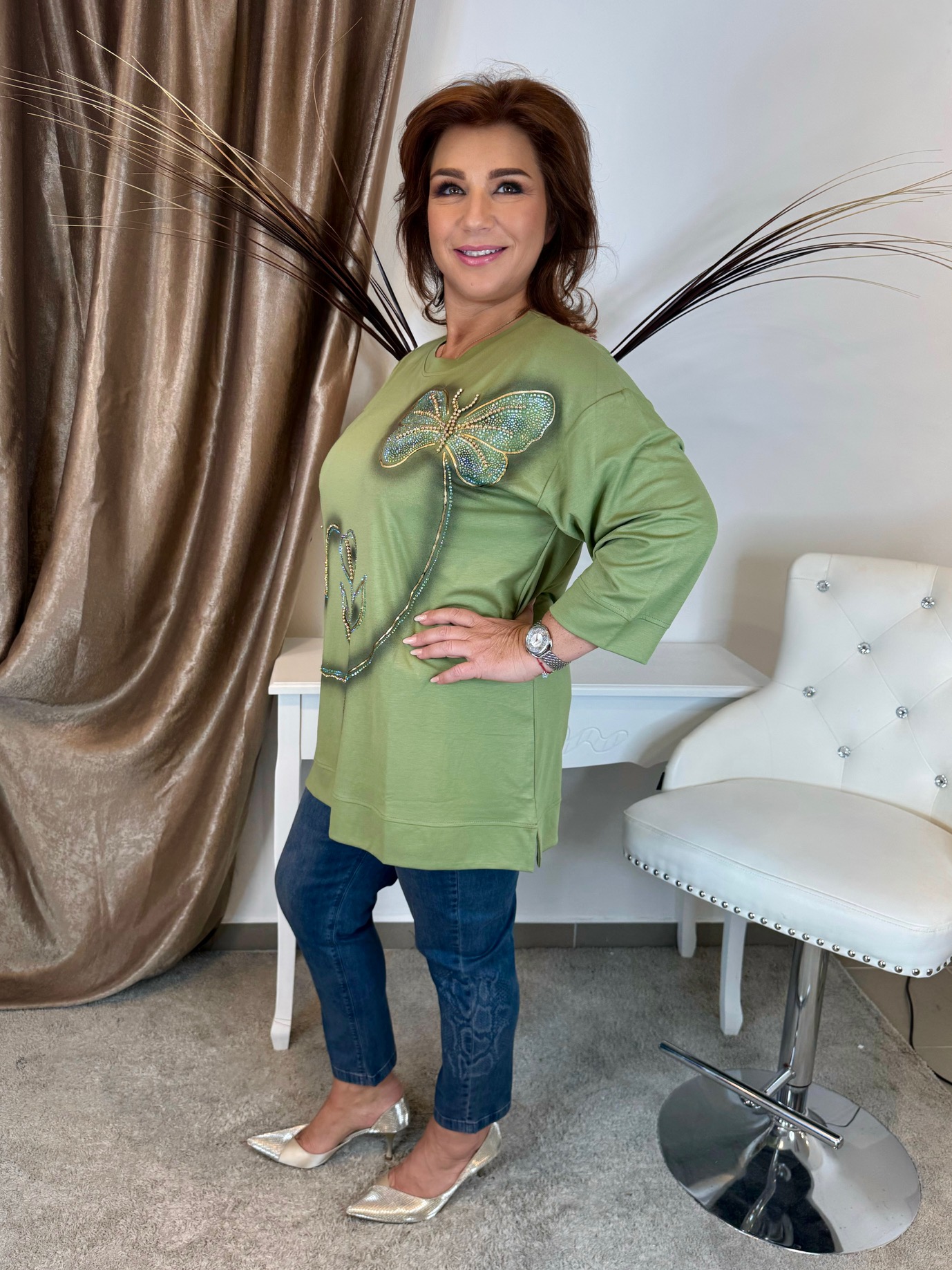 Pisztáciazöld pillangós tunika gyöngyökkel - Image 4