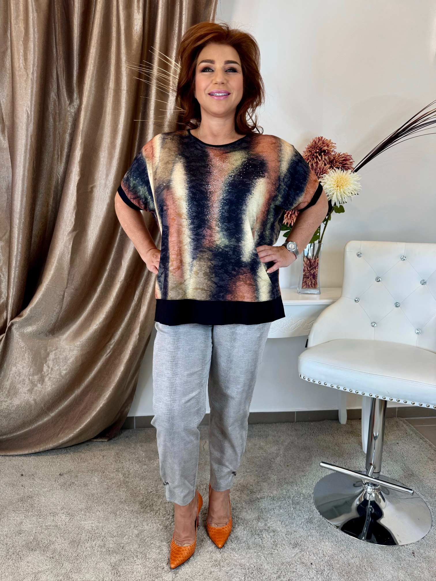 Színes mintás felső ezüst kristályokkal - narancs - Image 2