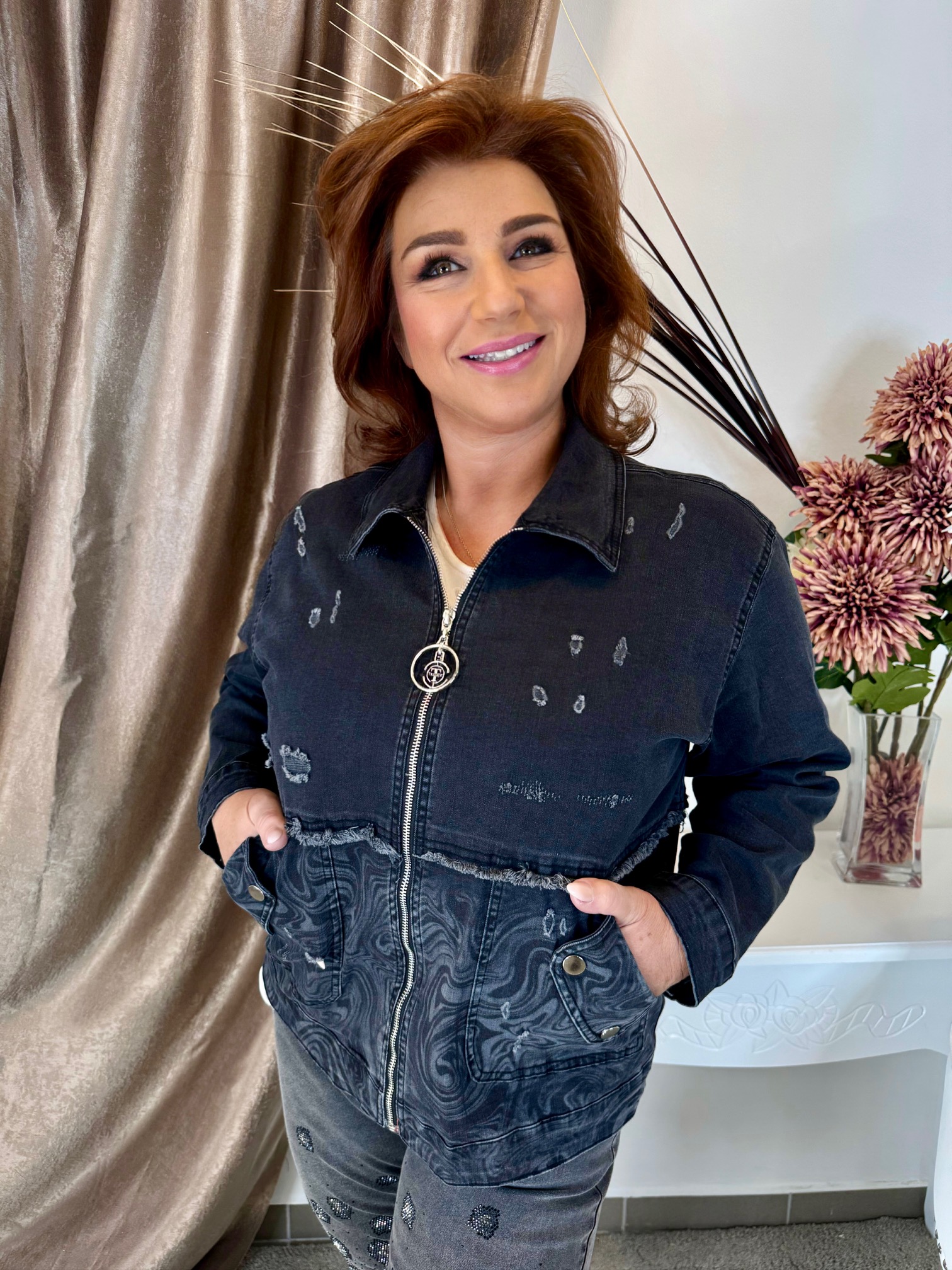 Zippes elasztikus koptatott sötétszürke farmerdzseki