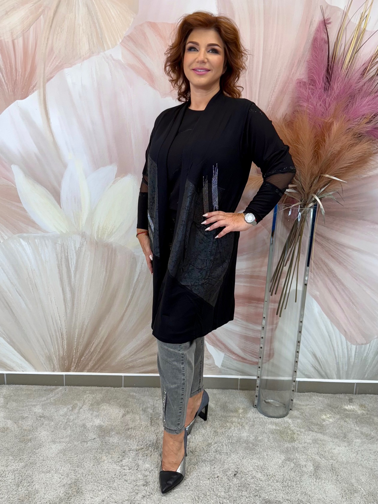 Hosszú elasztikus pamut mellény ezüst kristályokkal