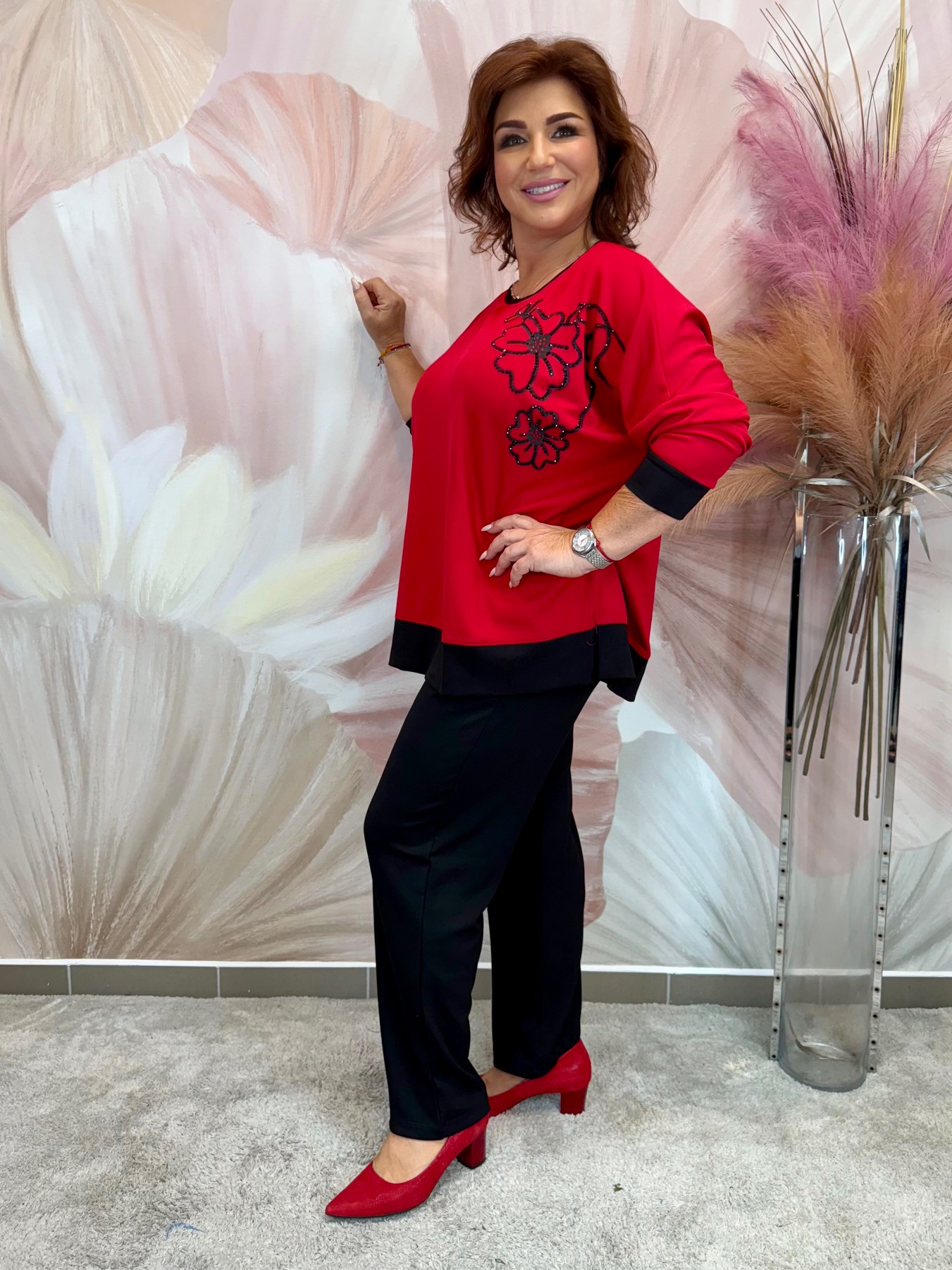 Virágmintás pamut szabadidő szett - piros - Image 3