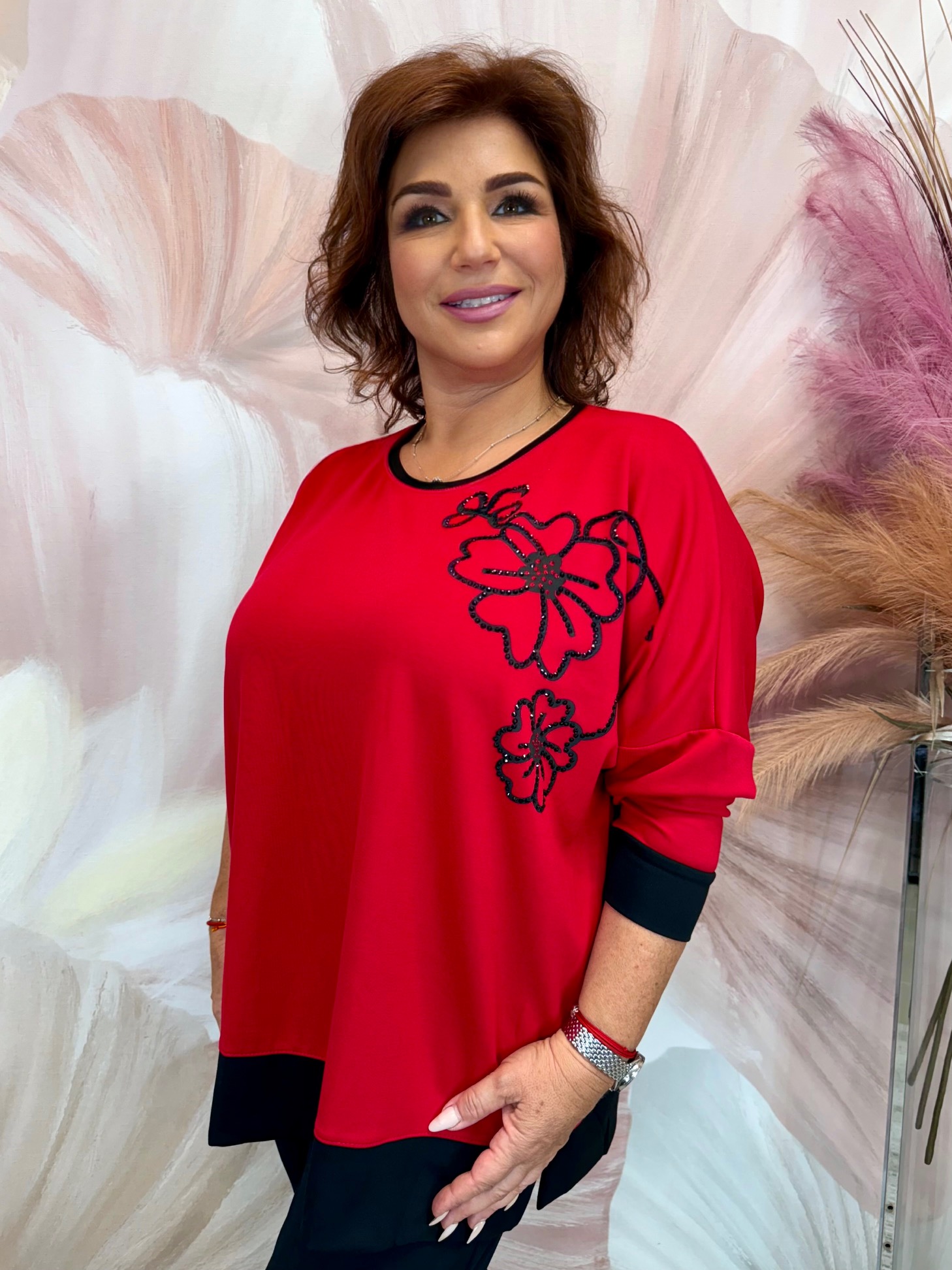 Virágmintás pamut szabadidő szett - piros - Image 4