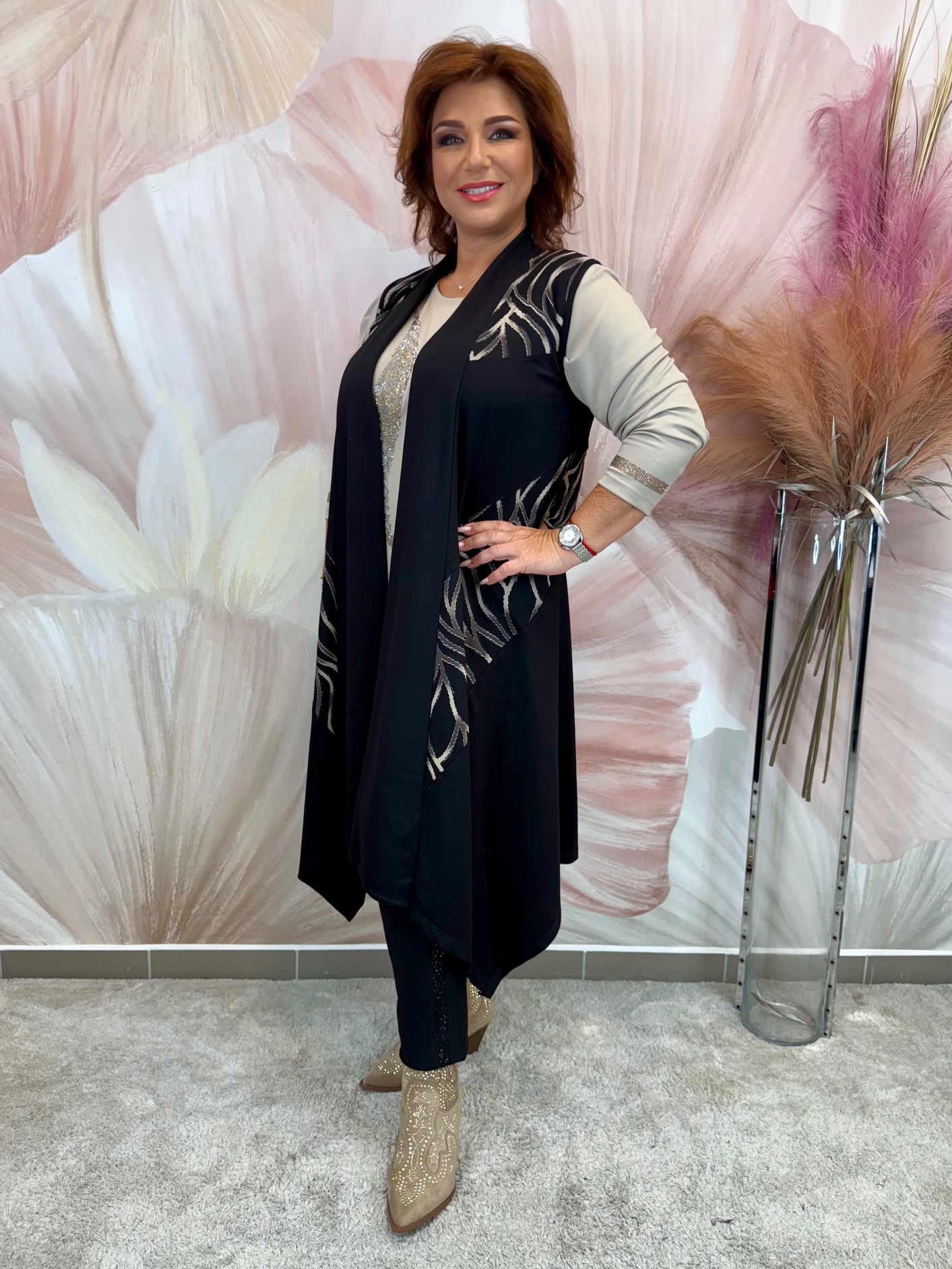 Hosszú elasztikus pamut mellény bézs csíkos mintával