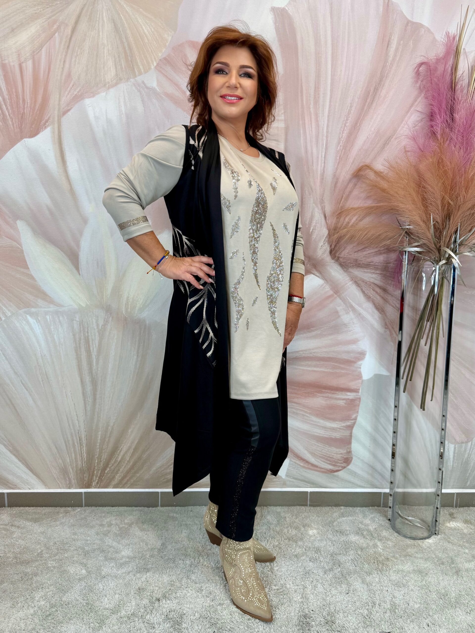 Hosszú elasztikus pamut mellény bézs csíkos mintával - Image 3