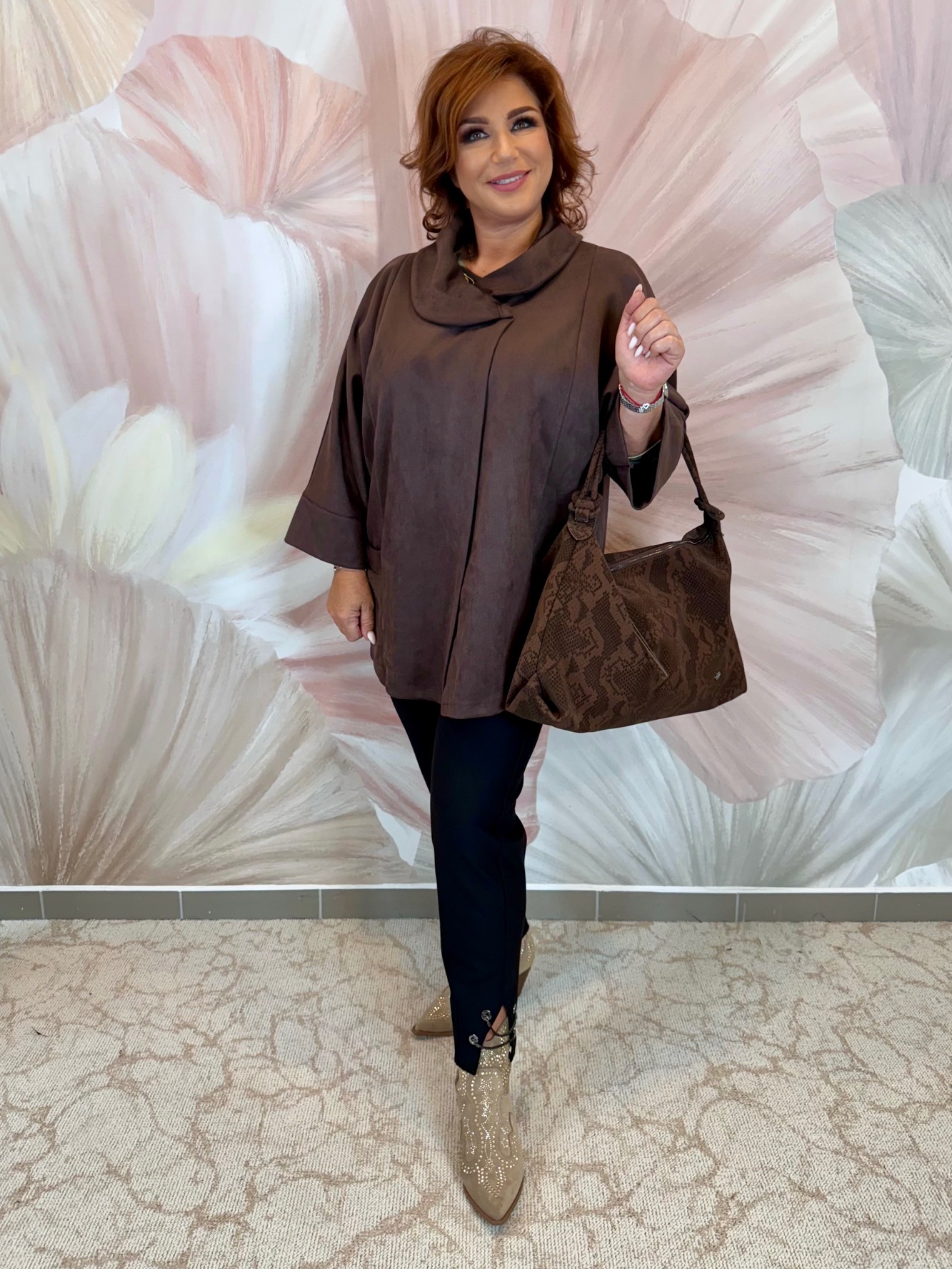 Csokibarna hasított bőr kiskabát - Image 2