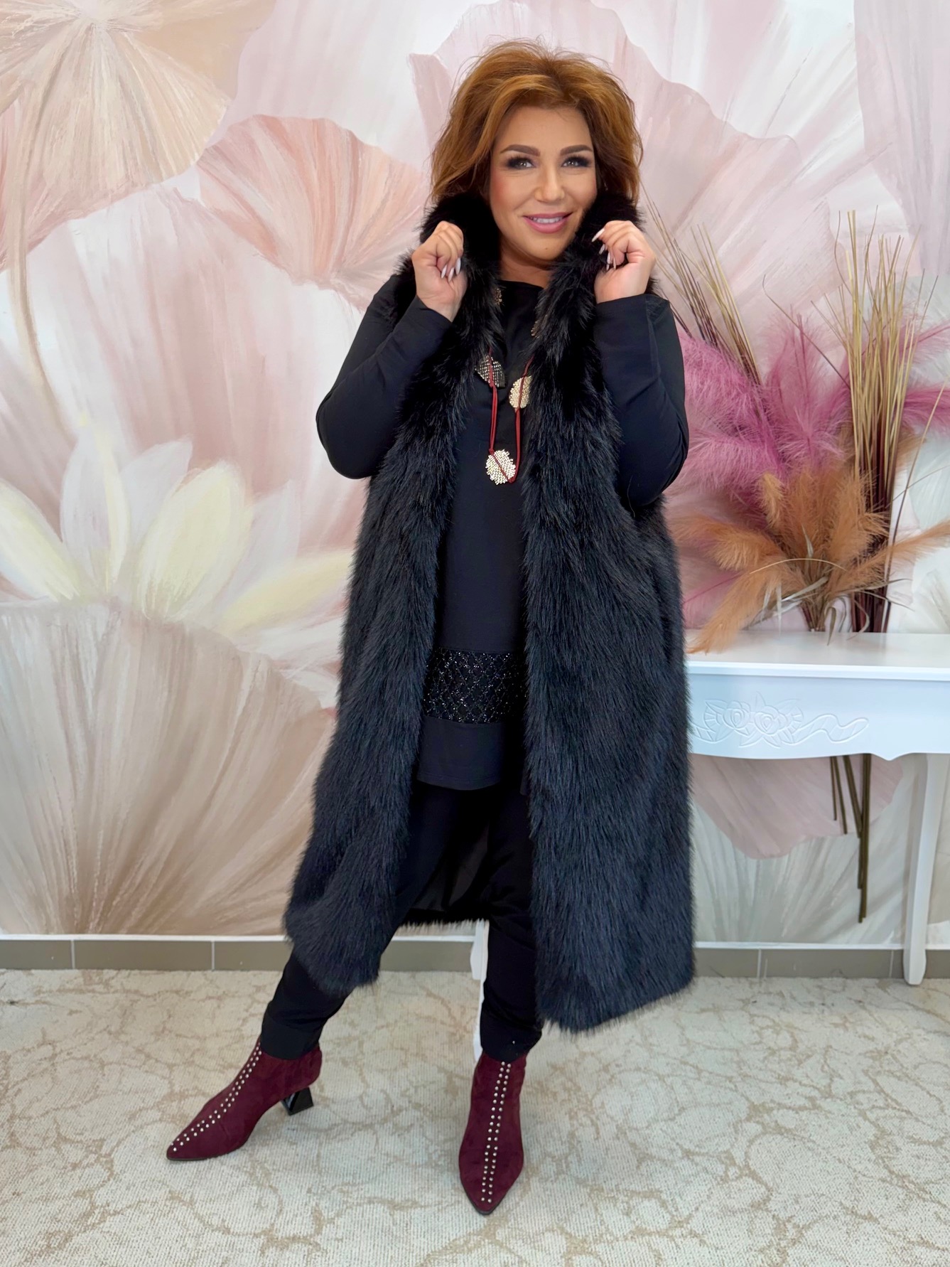 Hosszú fekete szőrme mellény - Image 3