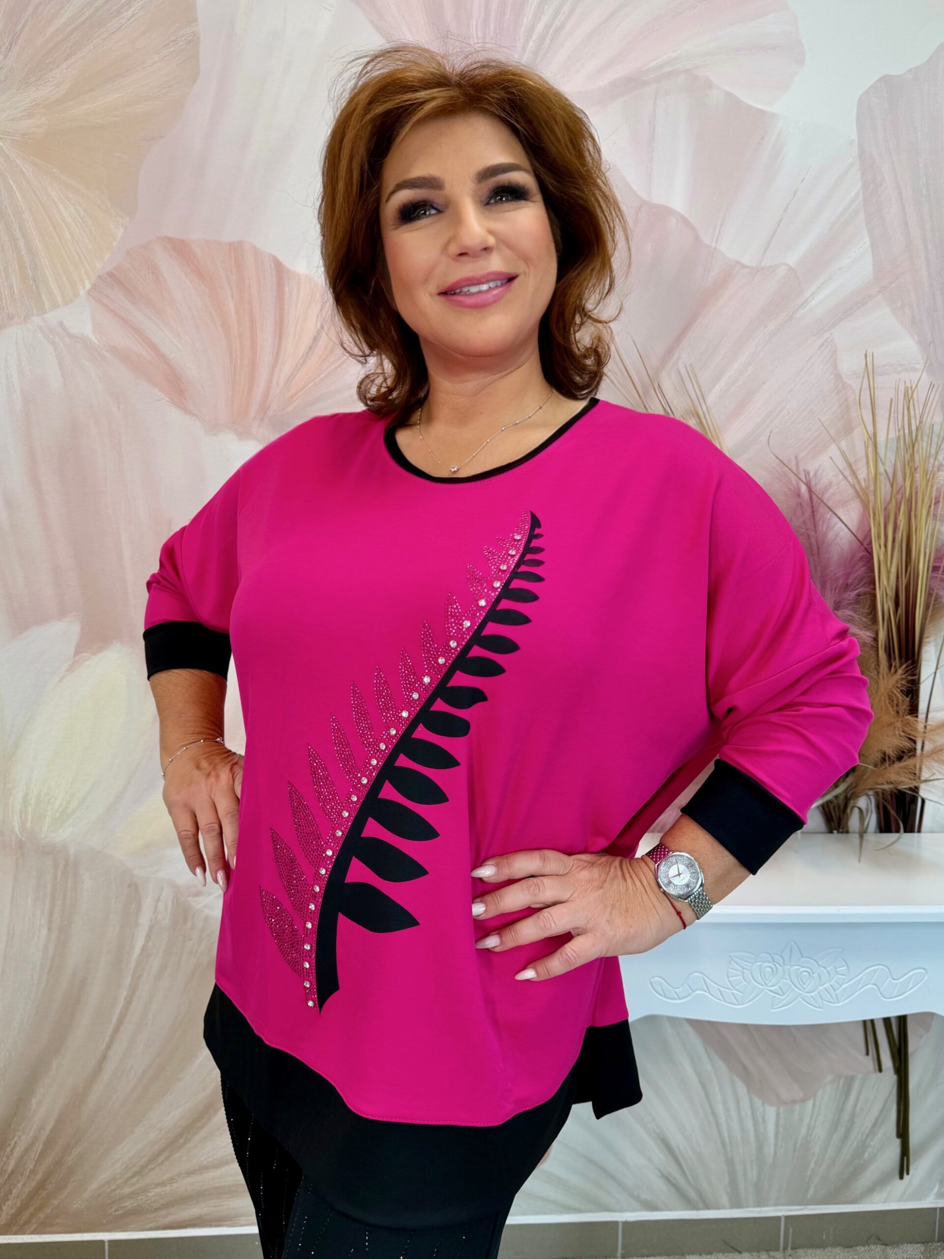 Pink felső fekete passzéval, strasszokkal - Image 3