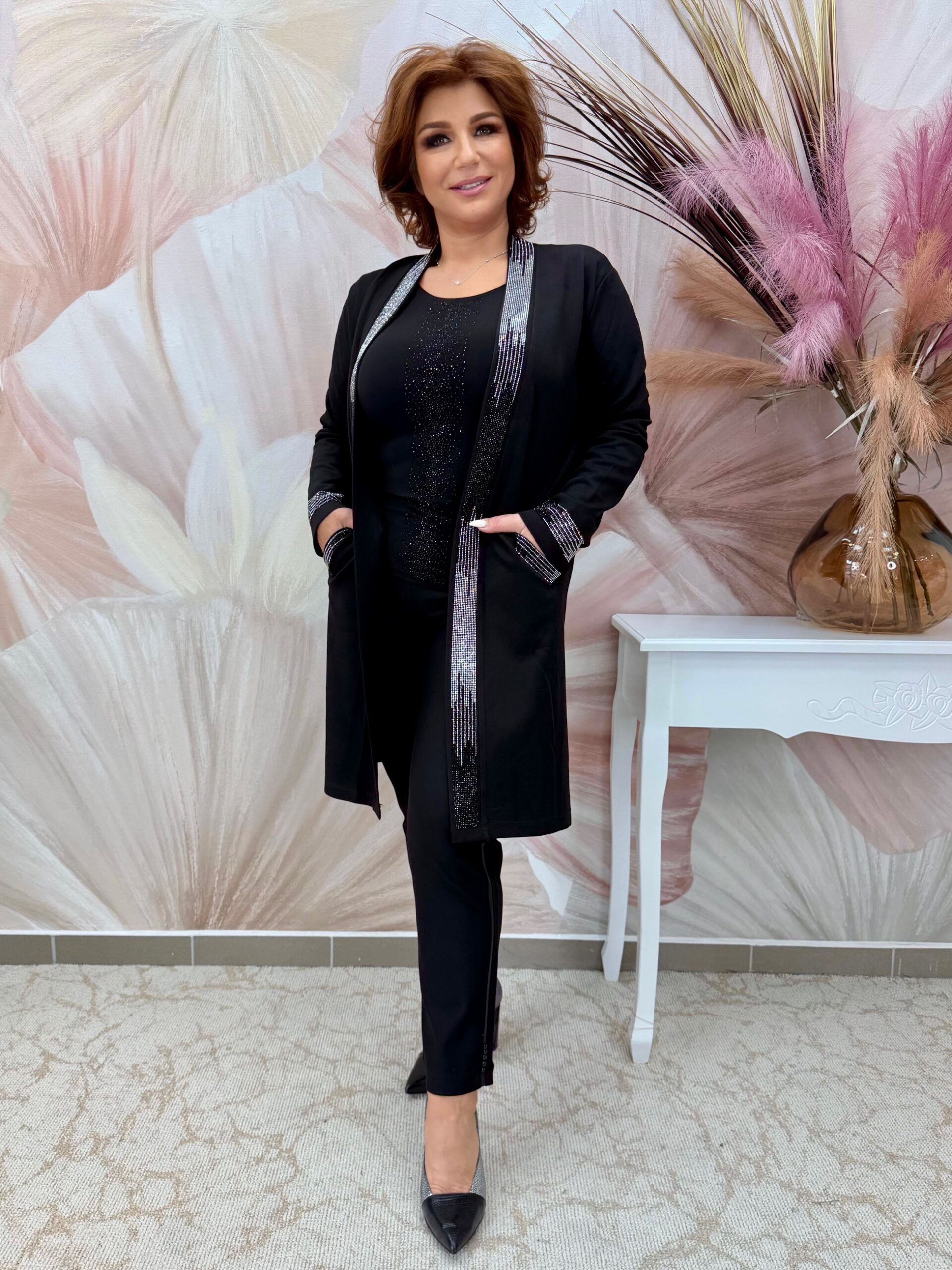 Hosszú fekete pamut kardigán ezüst kristályokkal - Image 3