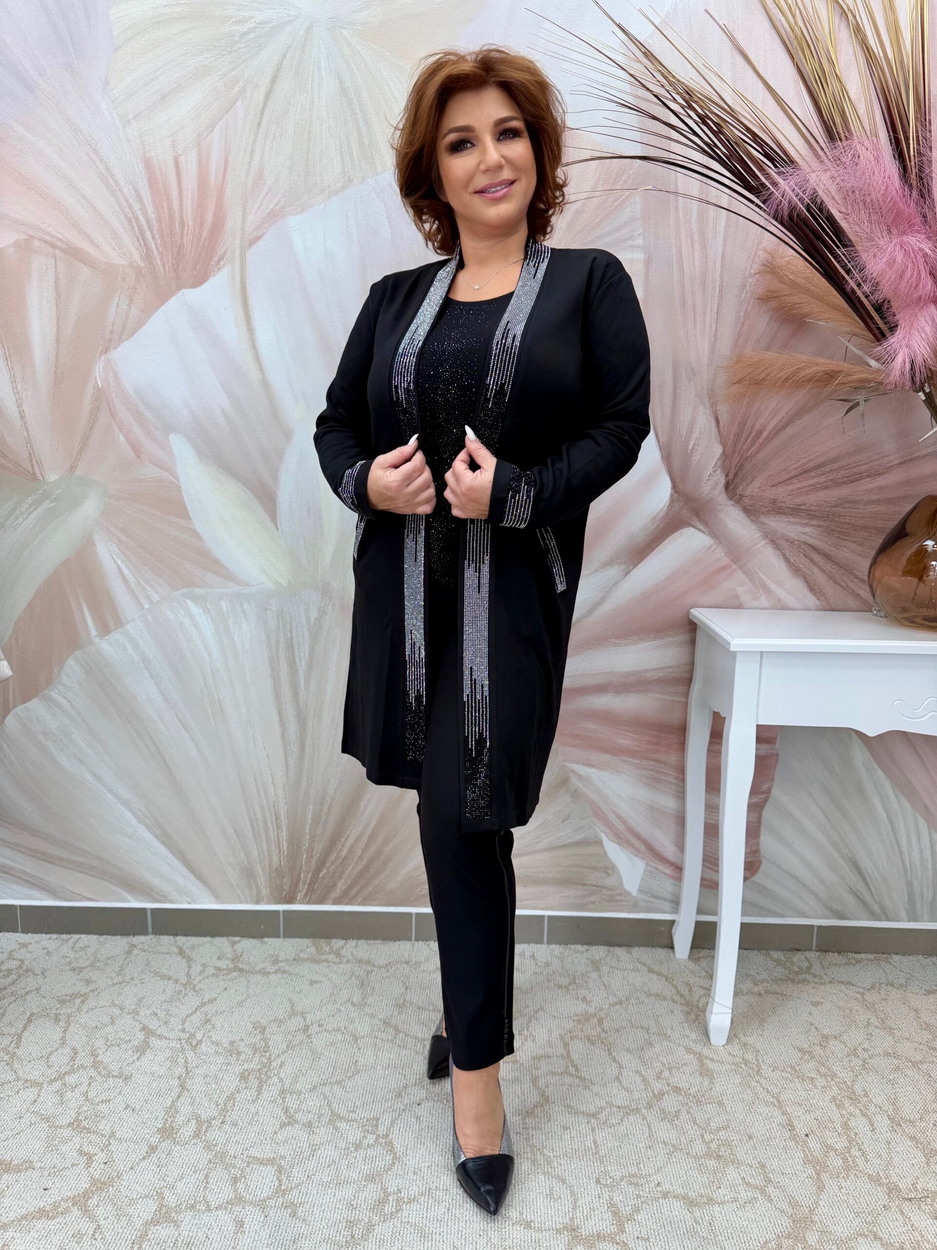 Hosszú fekete pamut kardigán ezüst kristályokkal