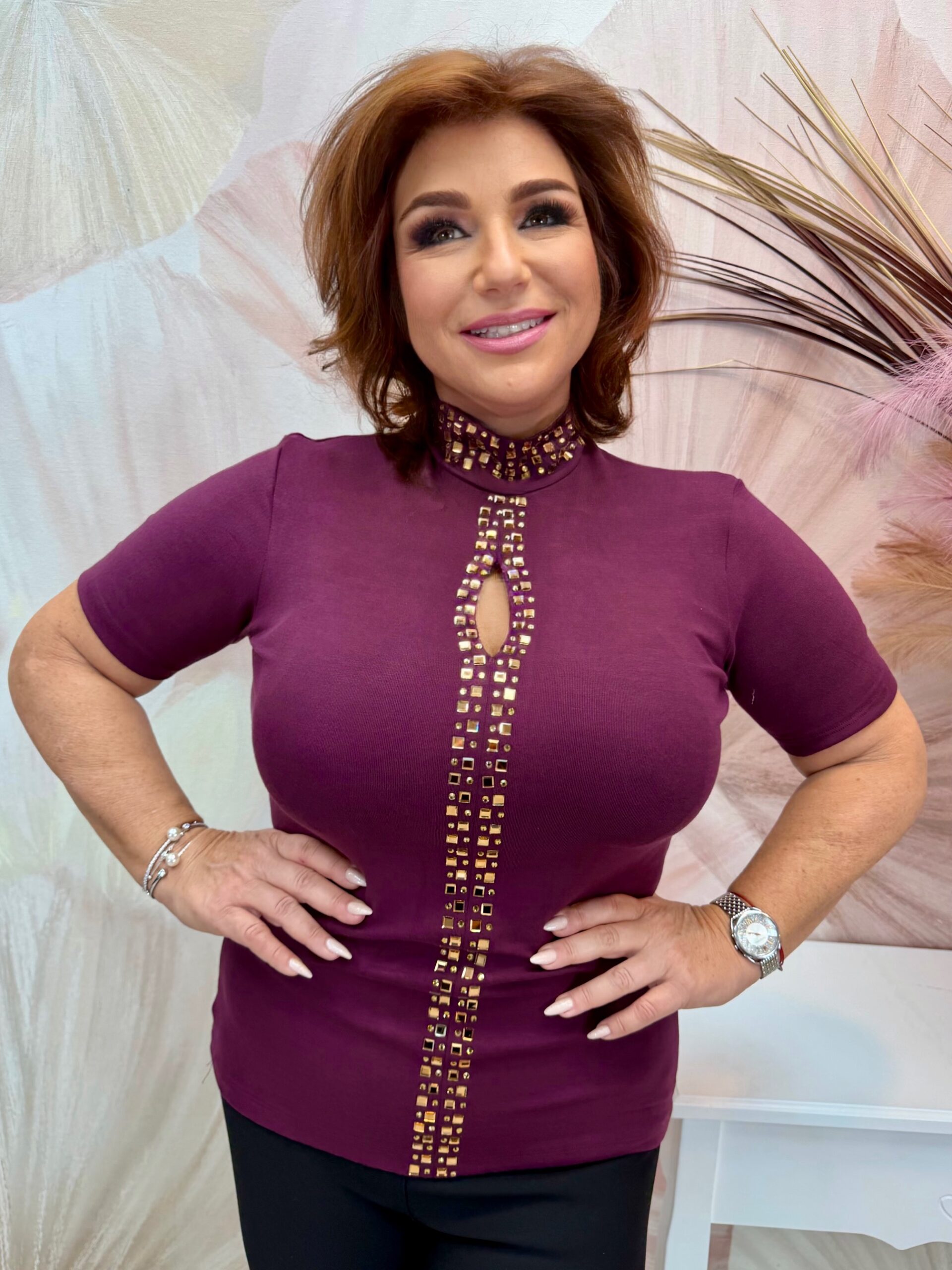 Padlizsánlila alkalmi félgarbó arany kristályokkal