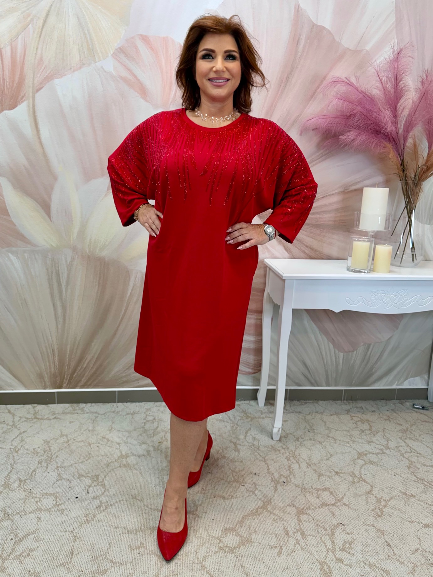 Piros elasztikus pamut ruha piros kristályokkal