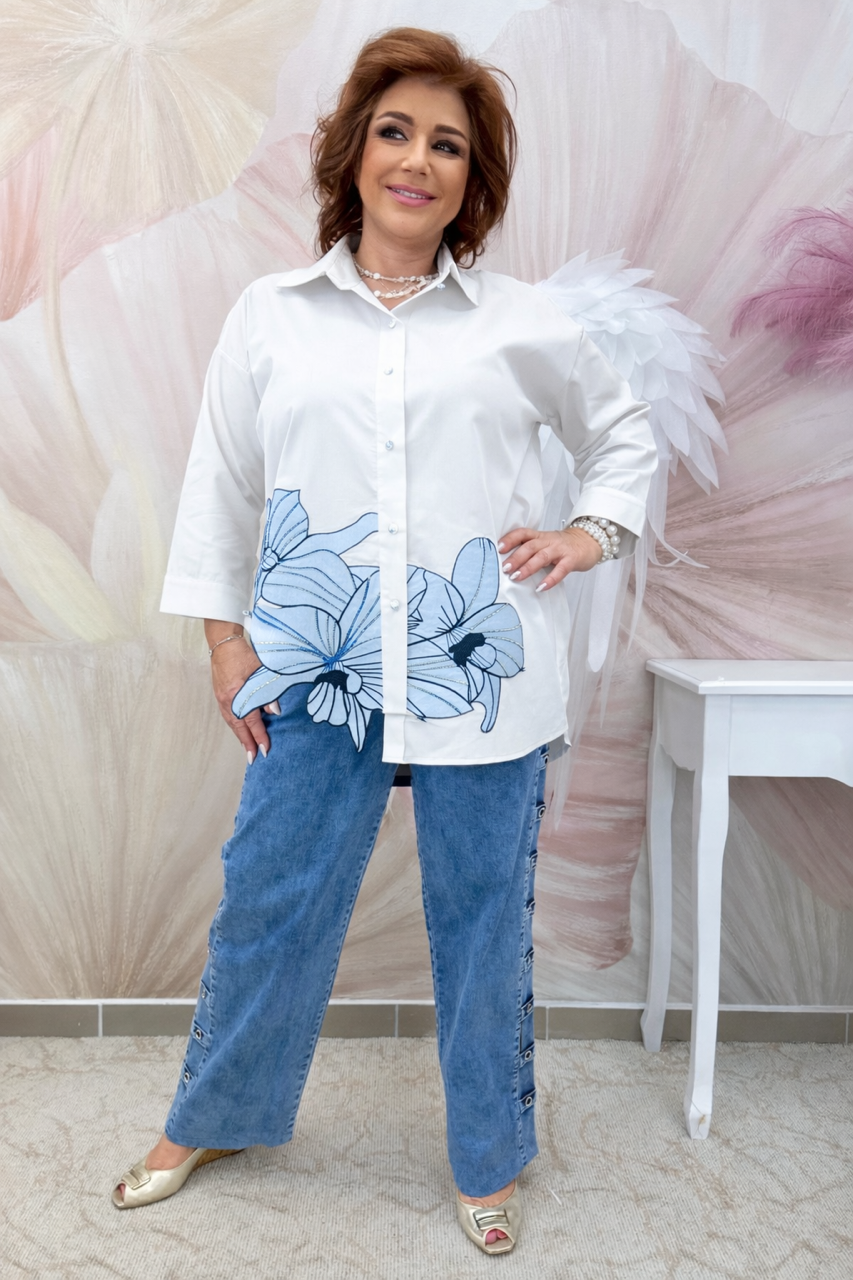 Fehér elasztikus ing különleges farmerbetétes virágmintával