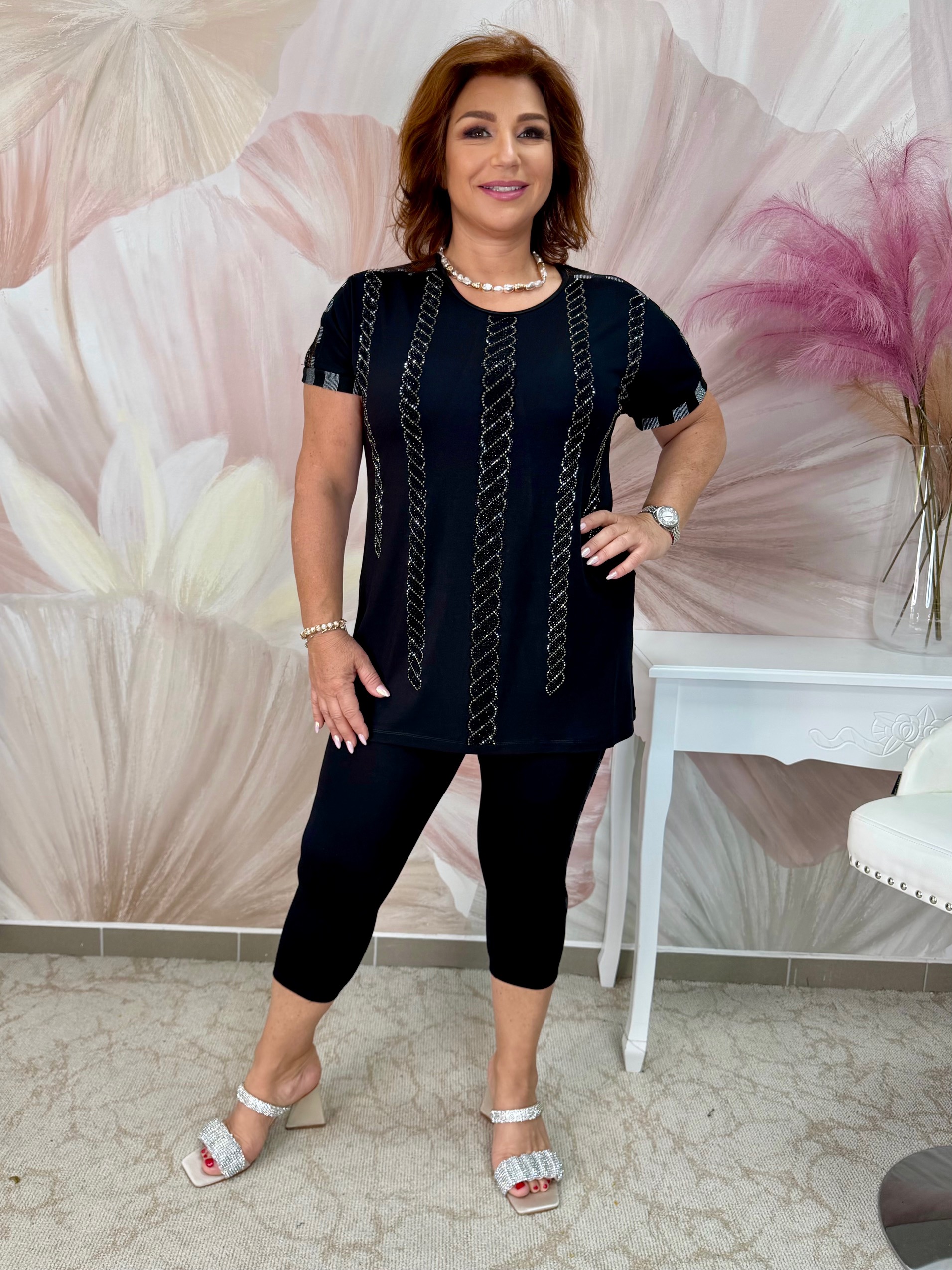 Fekete-ezüst nyári pamut szett capri leggingsel